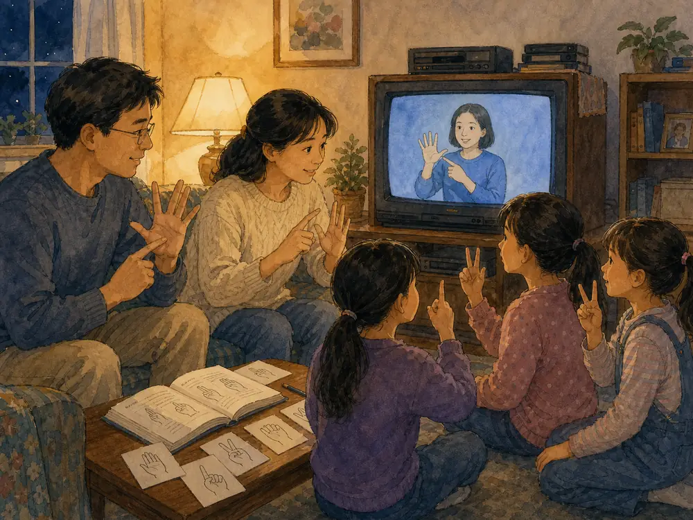 父母晚上学习手语，孩子们围着教学录像和手语书一起练习的手绘插画