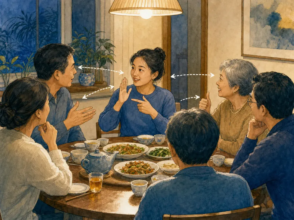 多人围桌聊天时主动停下来、转向聋人家人并使用手语的手绘场景图