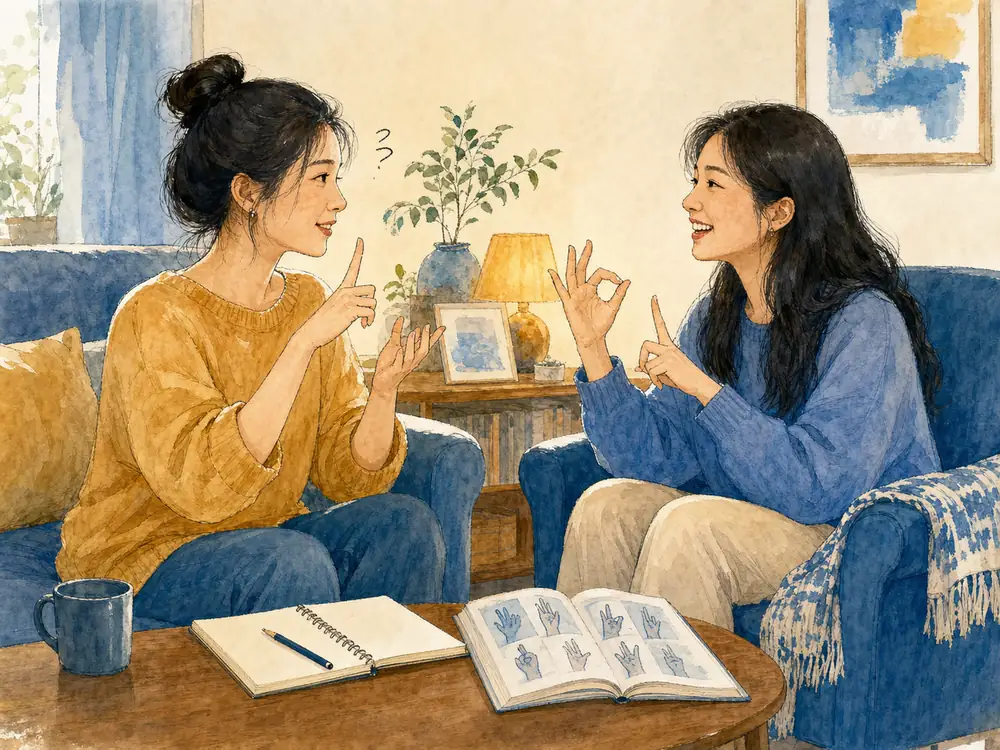 手语不熟练的姐姐边想边打，聋人妹妹耐心回应，两人一起笑的手绘插画