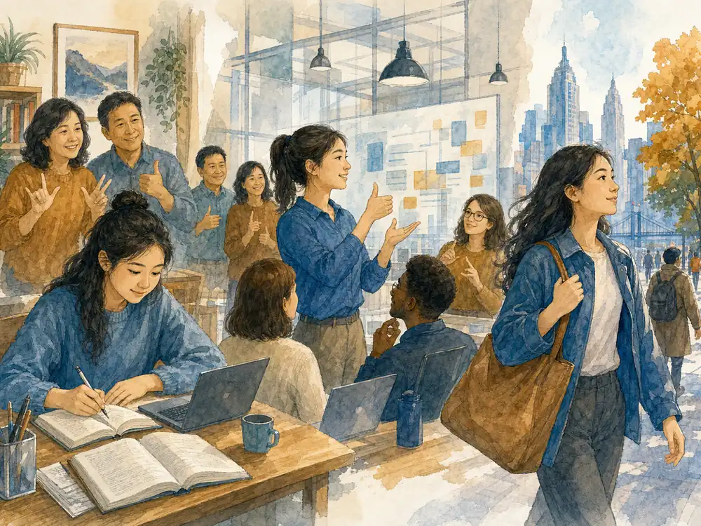 聋人女孩走向学习、工作与独立生活，家人在身后支持但不替她做决定的手绘插画