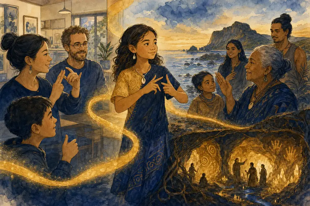 年轻聋人女孩站在两个世界交会处,一边是现代家庭,一边是伊维文化,她以手语与两边的人自然相连