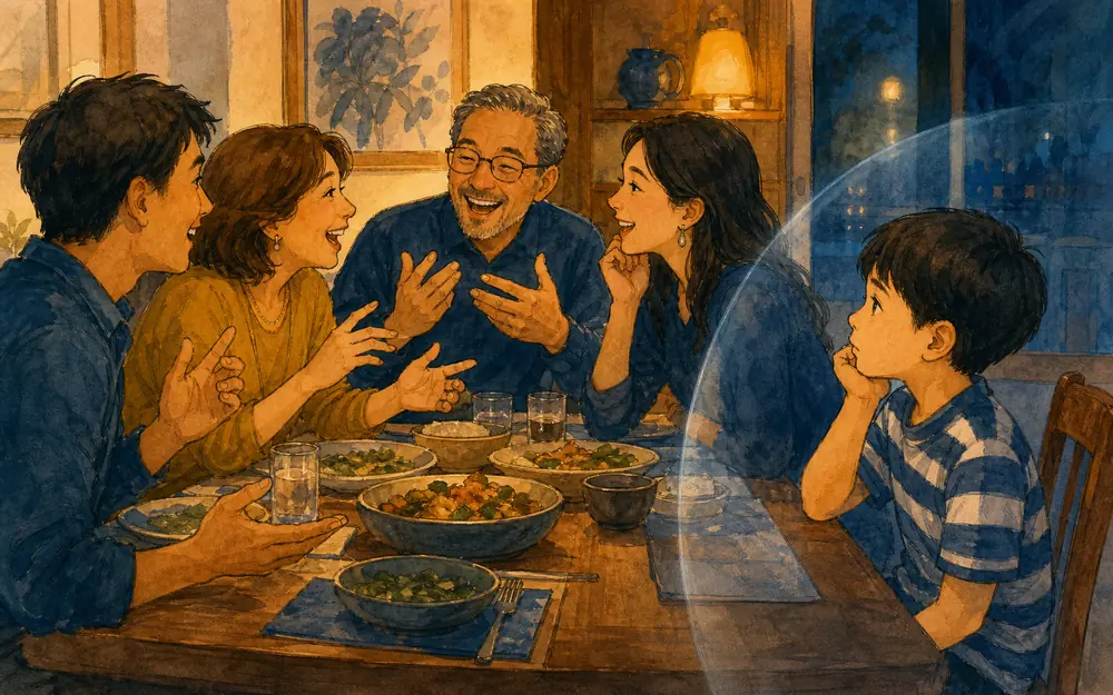一家人围坐餐桌交流，聋人孩子没有获得完整信息的场景插画